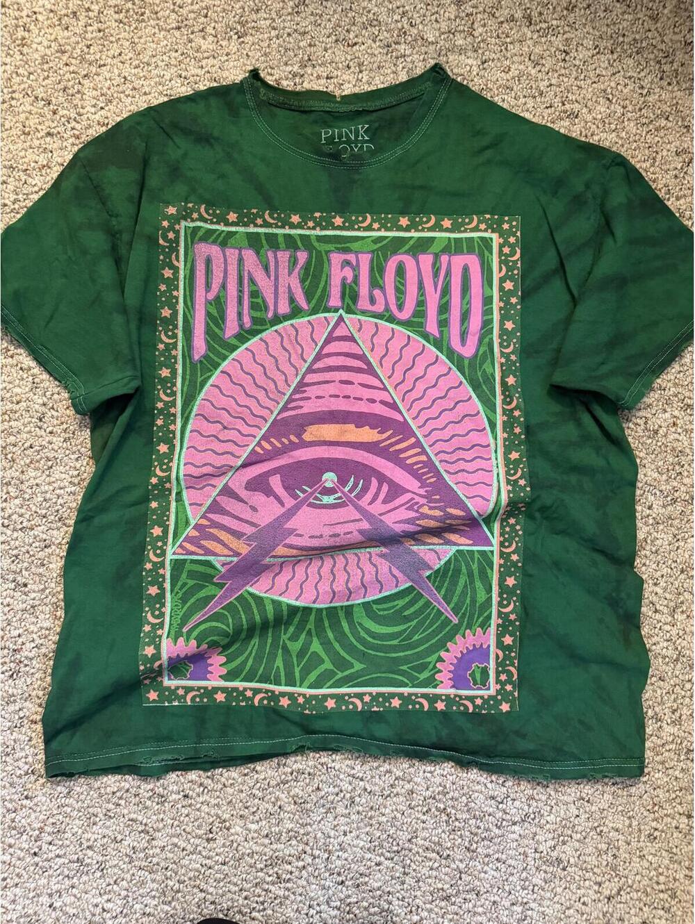 Pink Floyd eye triangle tye dye distressed green tee shirt